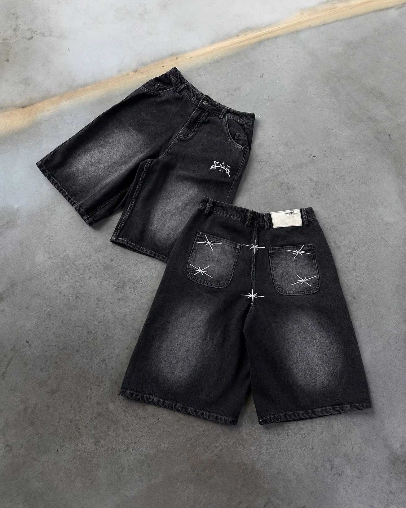 American Retro Cross Geometry Patchwork Embroidered Denim Shorts Men and Women Baggy Casual Gym Washed Shorts Y2k Jorts Clothing T250603