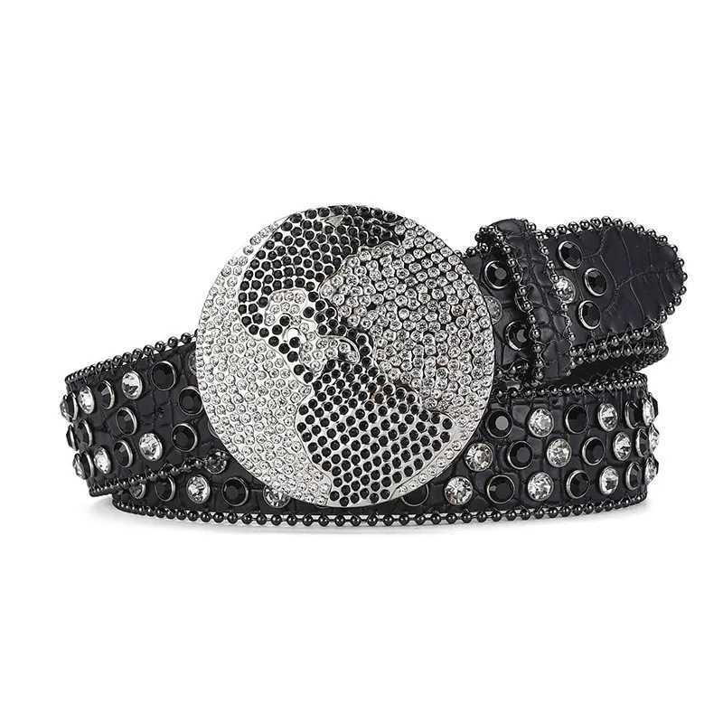 Western Leather Belt BlingBling Diamond Round Buckle Water Crystal Diamond Belt Punk Style Unisex PU Synthetic Belt XJ250602