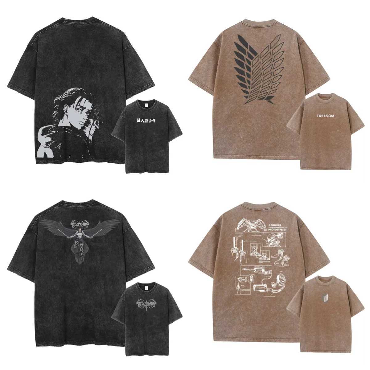 Anime Attack on Titan Eren Jaeger Printed T-shirt Men Vintage Washed Tshirt Manga Casual T Shirt Harajuku Male Cotton Tops W250603