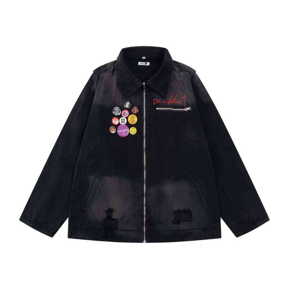 Men's Fashion Vintage Hip Hop Jeans Jacket With Badges High Streetwear Retro Denim Coat Outerwear For Male
