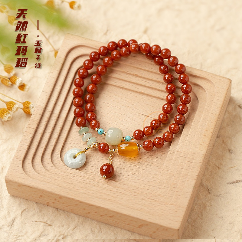 Natural agate, red agate and chalcedony women's bracelet,Red Agate,wuxing implied meaning Energy cleansing Restorative sleep support
