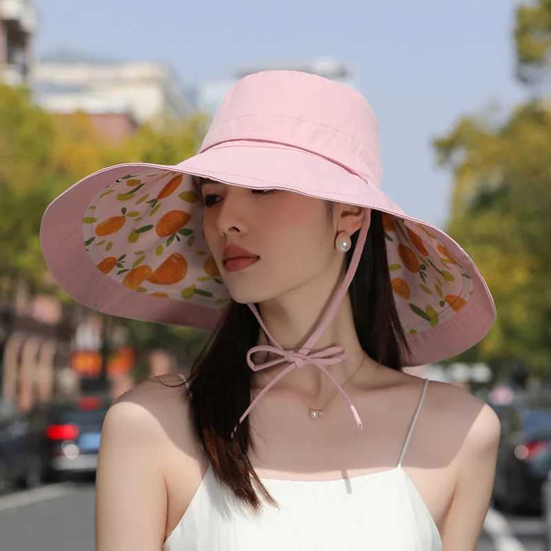 18CM Oversized Brim Face Covering Reversible Bucket Hat Womens Summer Korean Version Sunshade Sunscreen UV Protection Sun Hat W250602