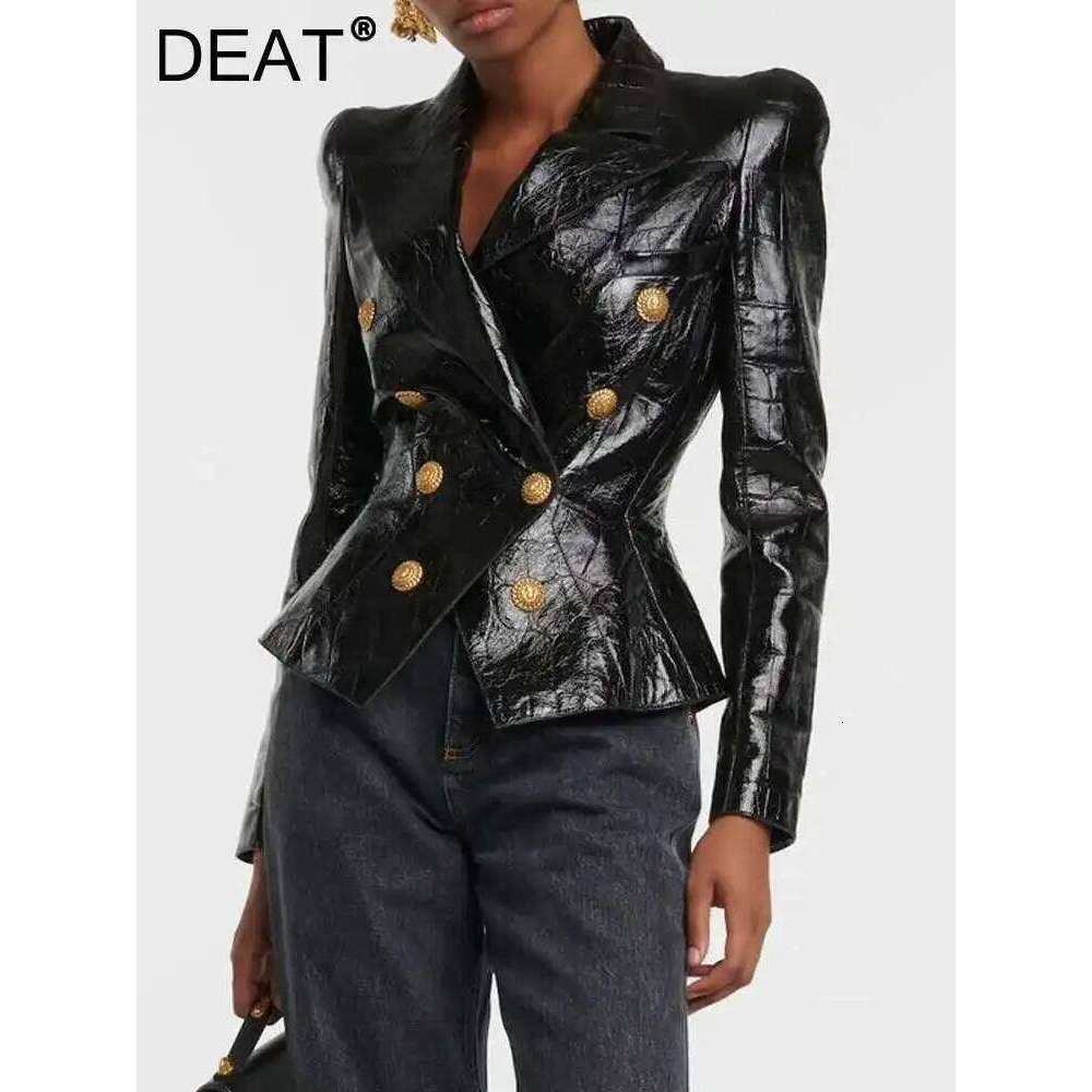DEAT Fashion Women's PU Glossy Leather Jackets Shoulder Shrug Slim Full Sleeve Double Breasted Blazer Spring 2025 New 7AB3032