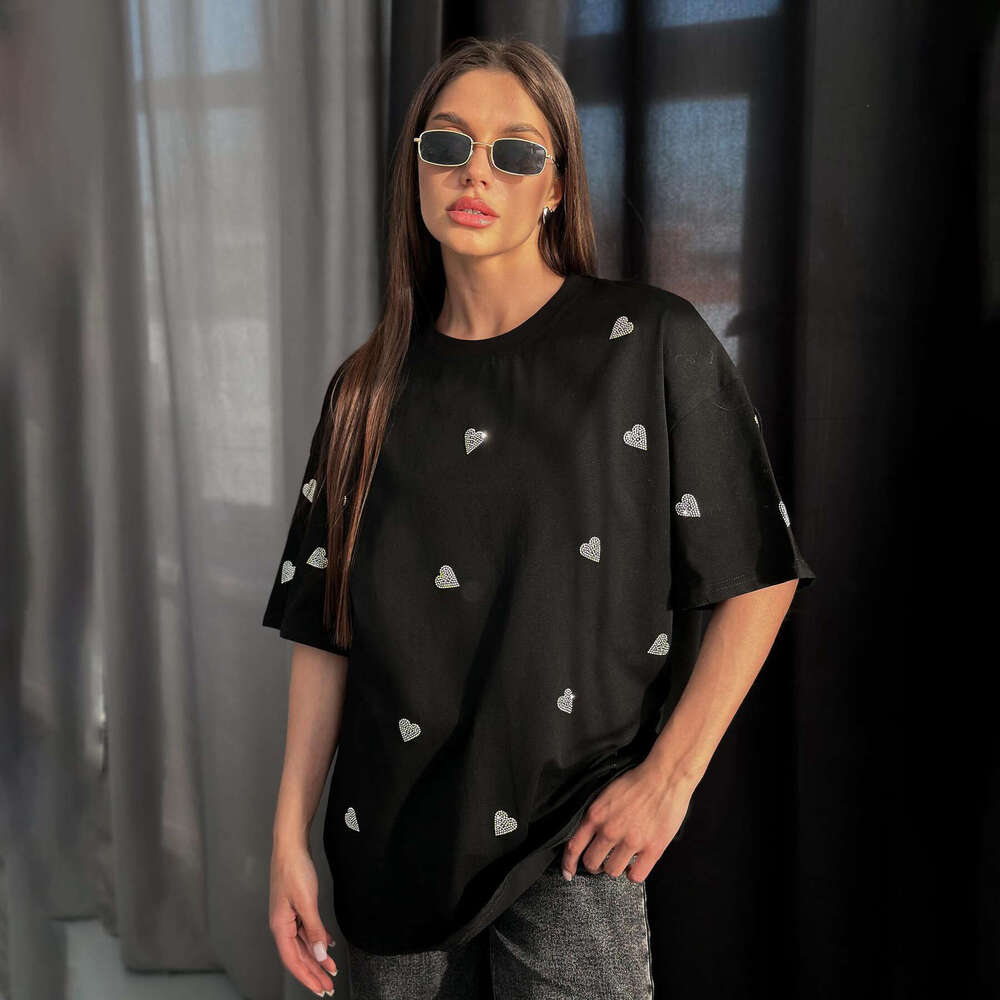 Simple Style Heart Rhinestone Round Neck Drop Shoulder Short Sleeve T-Shirt Spring Summer New Loose Top B5