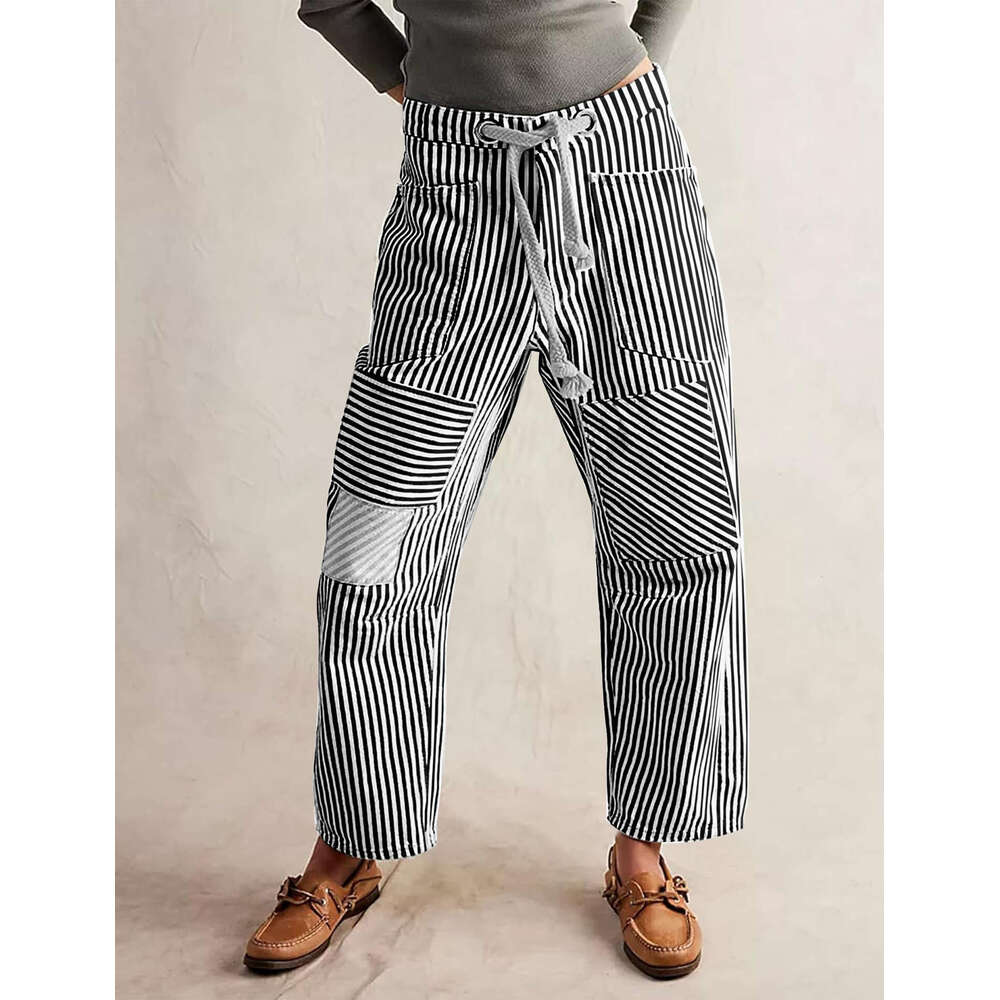 Mid-Waist Fashion Commuter Casual Loose Wide-Leg Striped Patchwork Drawstring Pocket Pants B5