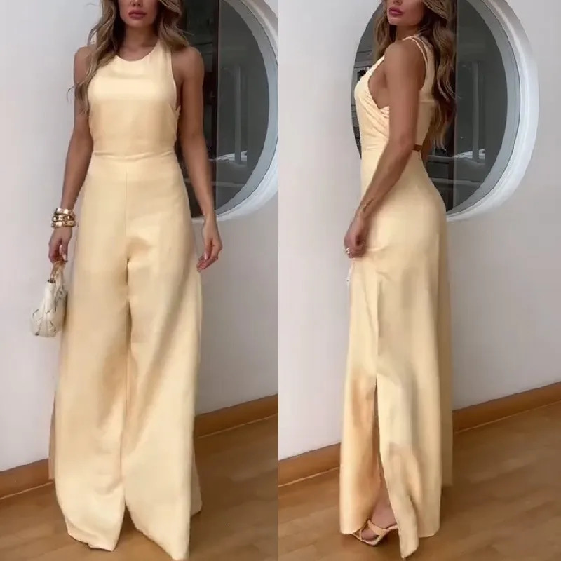 Womens Fashion One-Piece Round Neck Sleeveless Temperament Long Jumpsuit Elegant High Waist Wide Leg Club Jumpsuit 250603