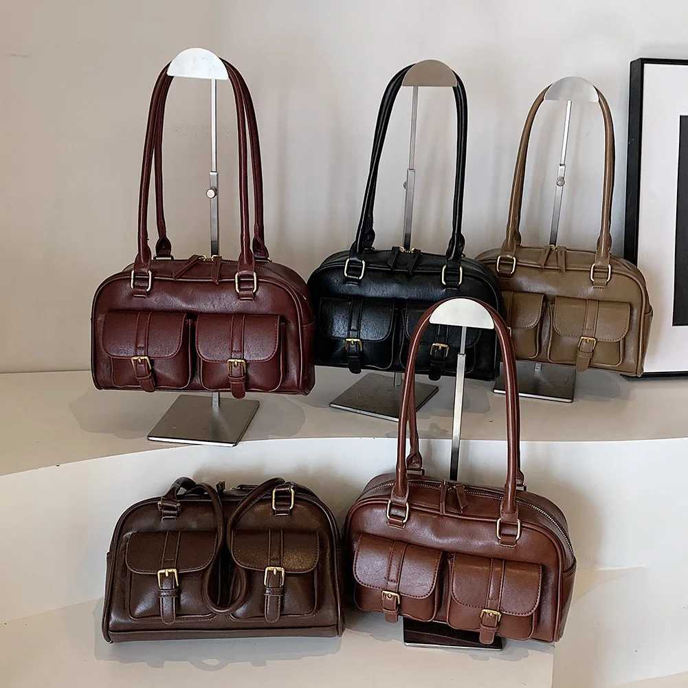 Shoulder Bags for Women PU Leather Double Pocket Female Boston Zipper Ladies Underarm Bag Retro Tote Handbag Sling Bag Y250603