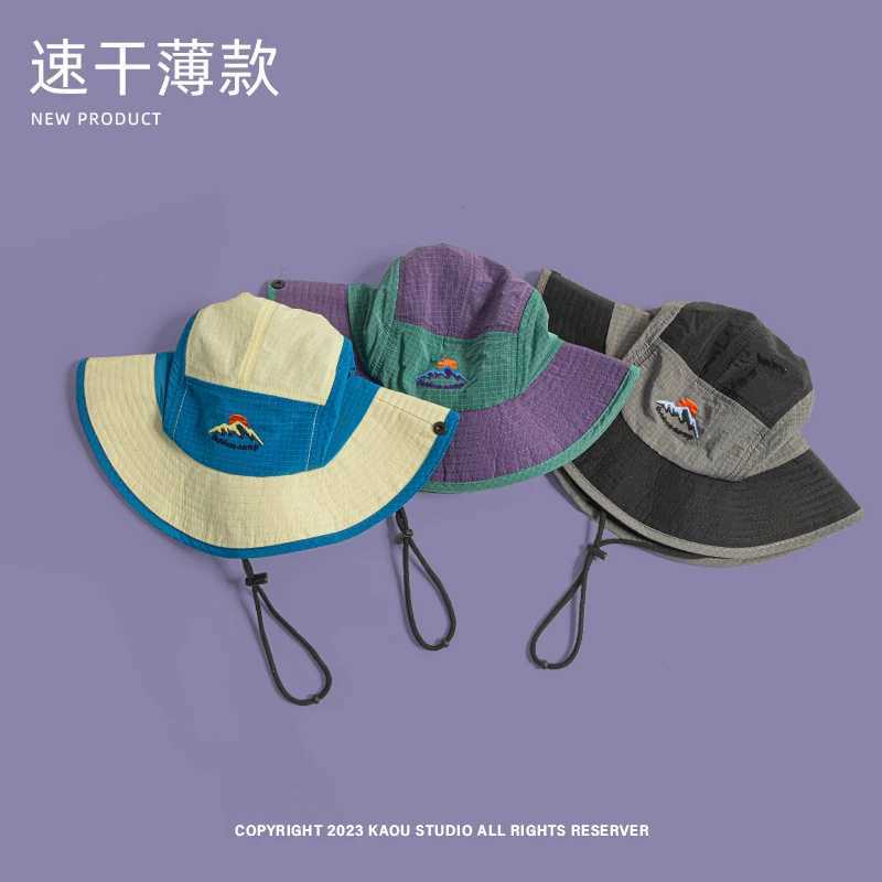 Japanese Summer Quick-drying Breathable Bucket Hat Men and Women Color Matching Mountain Embroidery Sunshade Camping Fishing Cap W250602