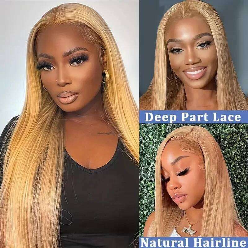 Bone Straight 13x6 HD Transparent Lace Front Human Hair Wigs #27 Honey Blonde Colored Wig