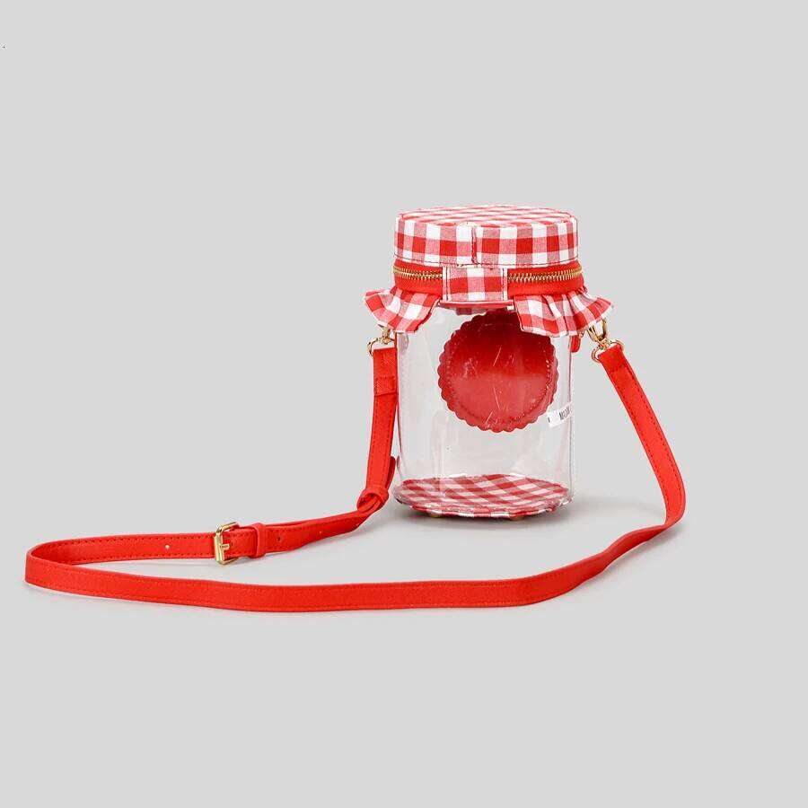Cute sweet strawberry jam jar design crossbody bag for women funny transparent pvc shoulder bags creative novelty small purses