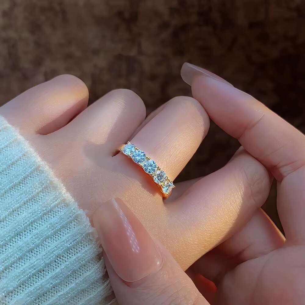 FOXI 1.00ctw Diamond Five Stone Anniversary Band Ring Gold Plated Moissanite Diamond 925 Sterling Silver Moissanite Wedding Ring