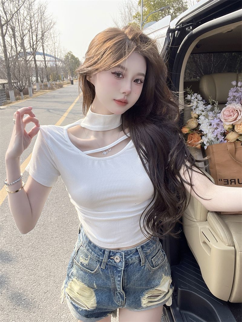 2025 New Spring and Summer Women's T-shirt Summer New Design Unique Hollow High Neck Short Sleeve Women's T-shirt Novel and Simple Spicy Gir