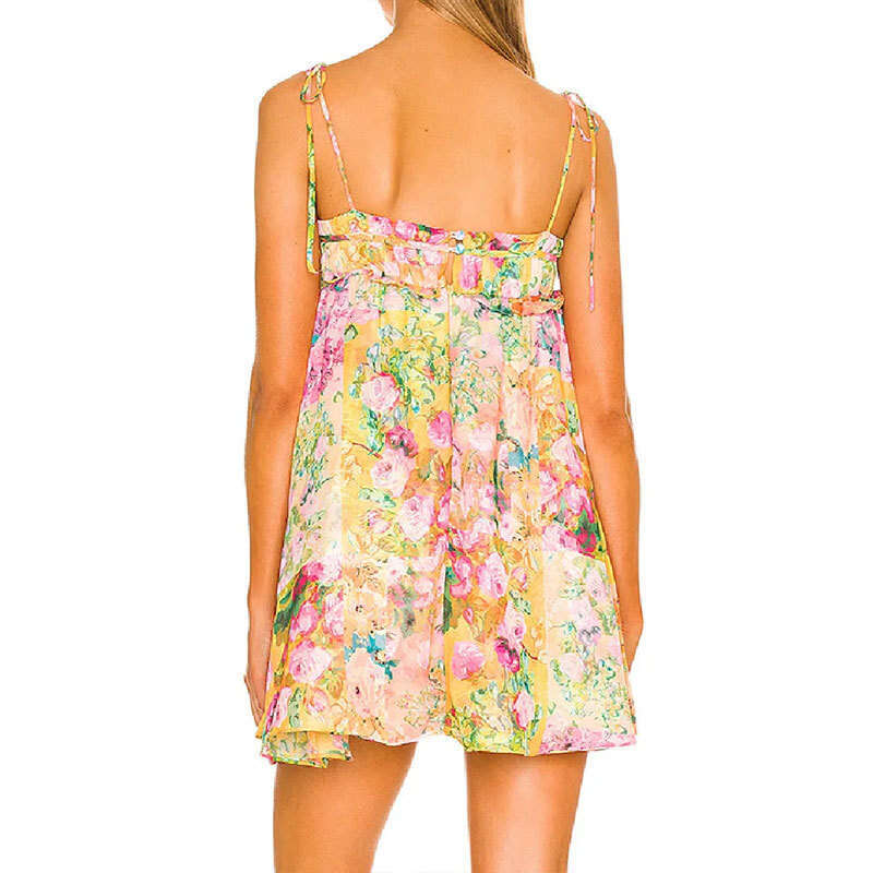European and American Women's Floral Lace Up Short Ruffle Edge Vacation Dress for Women 2025 Temperament Versatile New Trend Clothing Ins