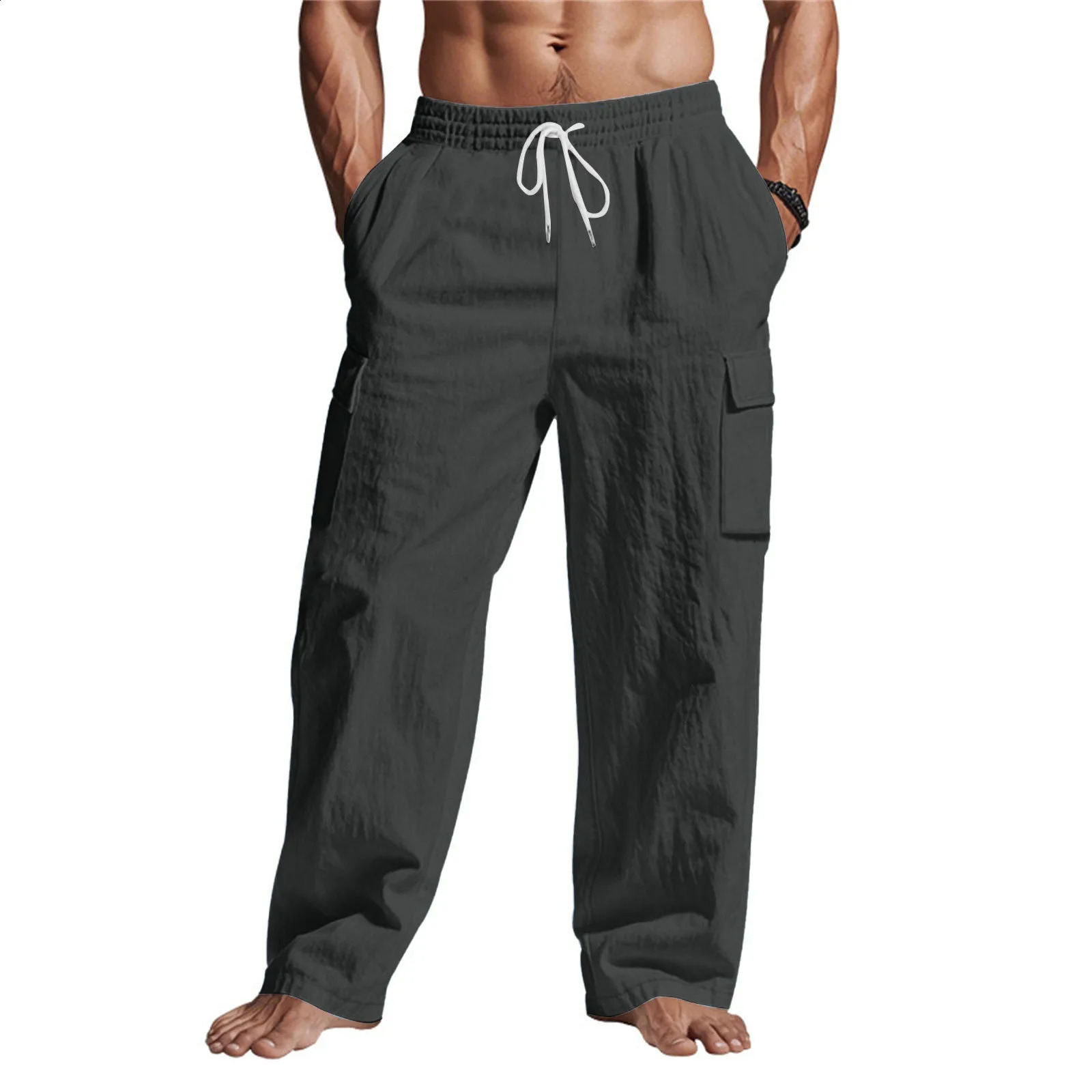 Mens Baggy Pants Linen Thin Breathable Multi-pocket Cargo Pants Loose Casual Wide Leg Straight Pants Spring Summer 250528