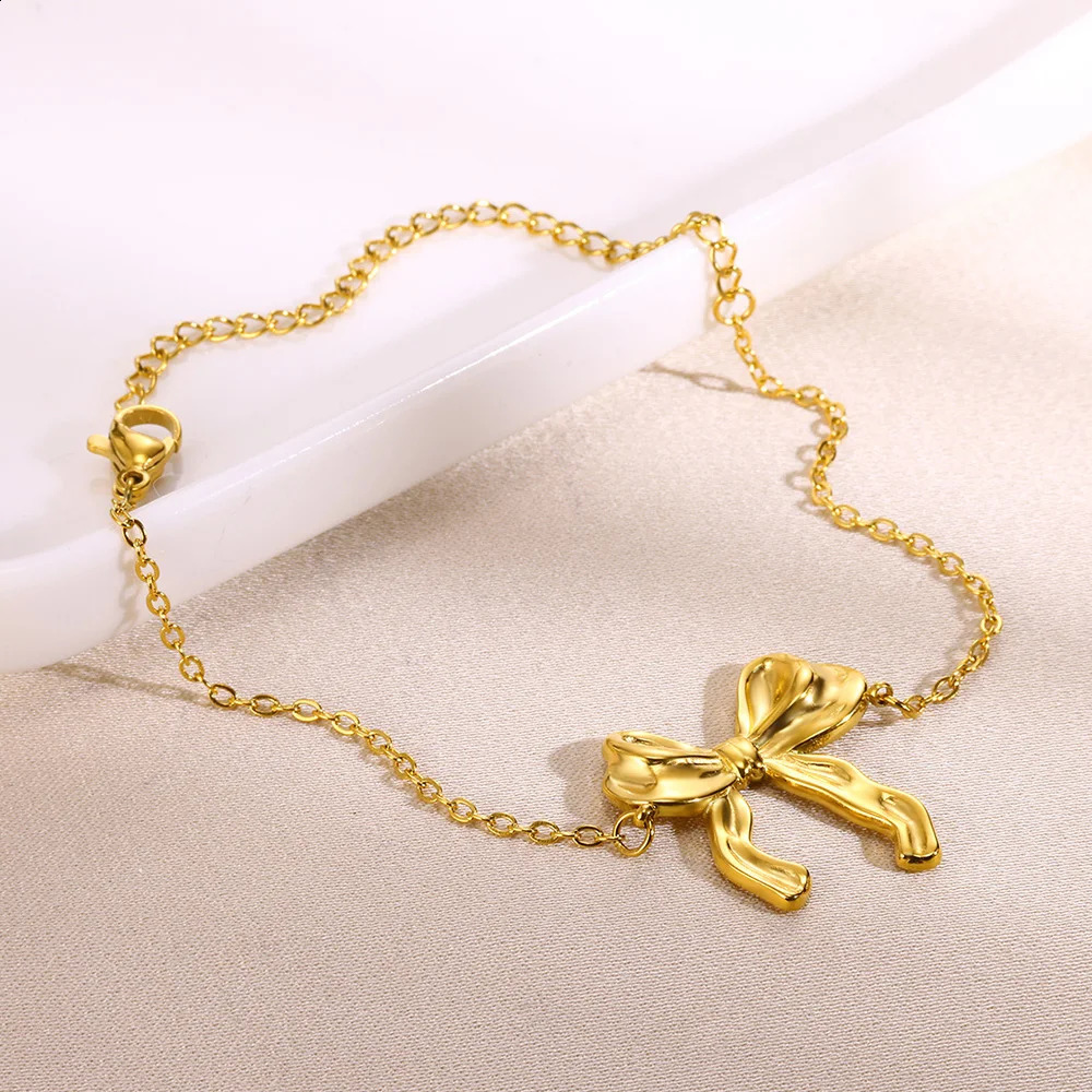Gold color Stainless Steel Bracelets For Women Bowknot Bow Chain Bracelet Bangle Water Resistant Metal Statement Fashion Jewelry 250528