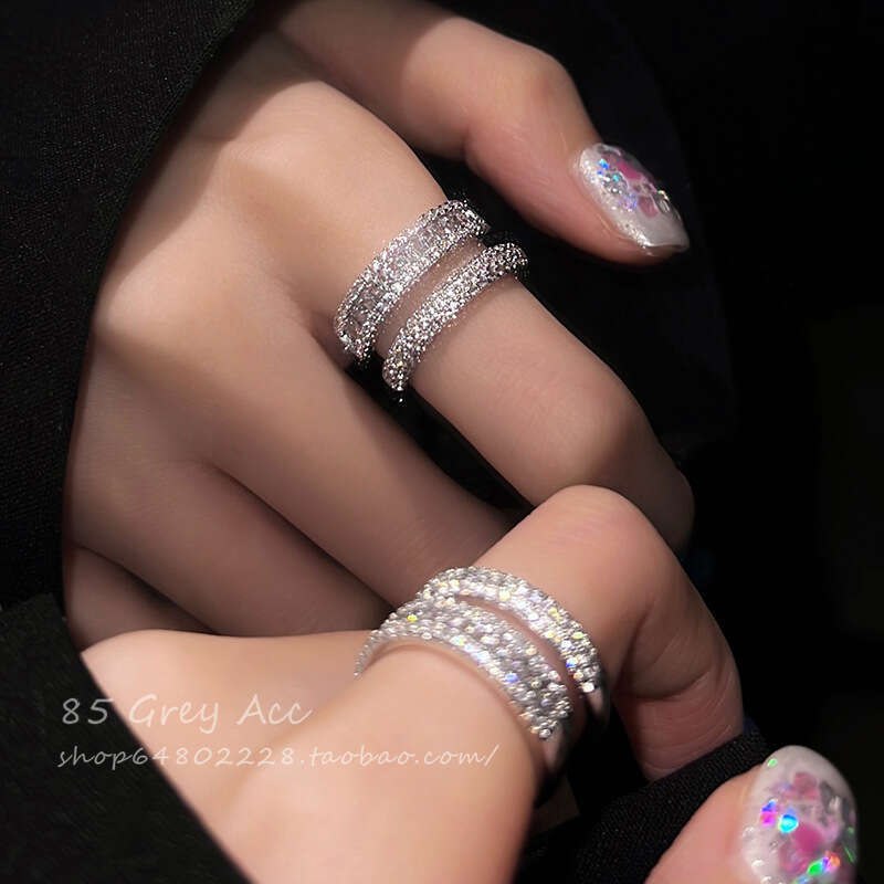 Double Layer Micro Paved Zircon for Women, Niche Fashion Light Luxury Design, Stackable Index Finger Ring, Full Diamond High-end Ring