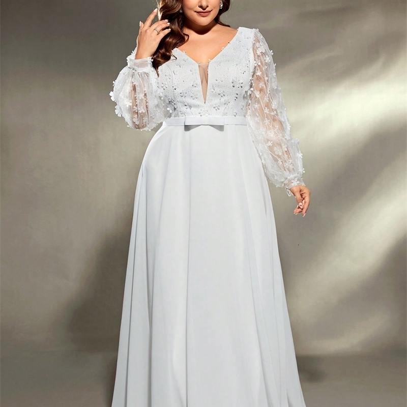 Mgiacy plus size Vneck threedimensional embroidery chiffon train wedding dress Evening gown Ball Party 250519