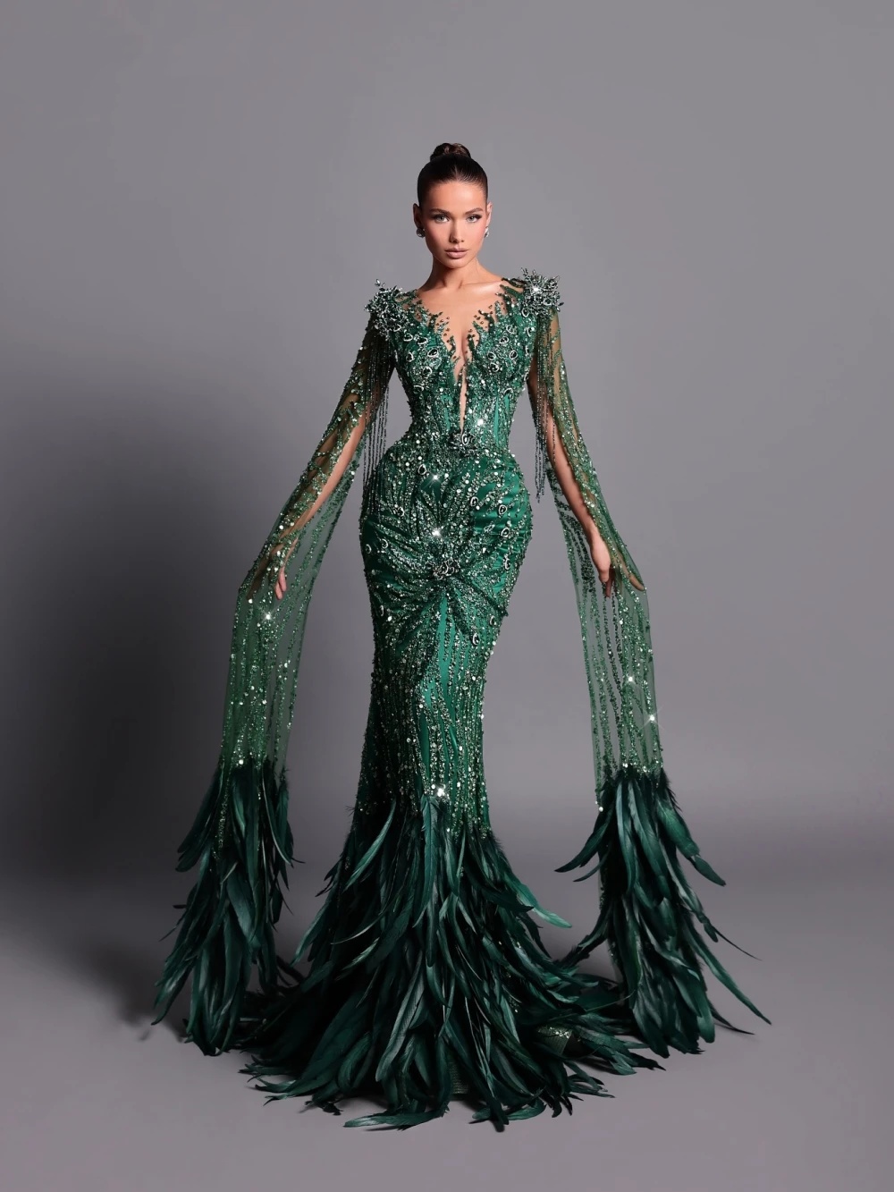 Exquisite Crystal Evening Dresses Sequins Feather Prom Dress Tassel V Neck Long Sleeves Rhinestone Mermaid Party Gowns Vestidos De Noche