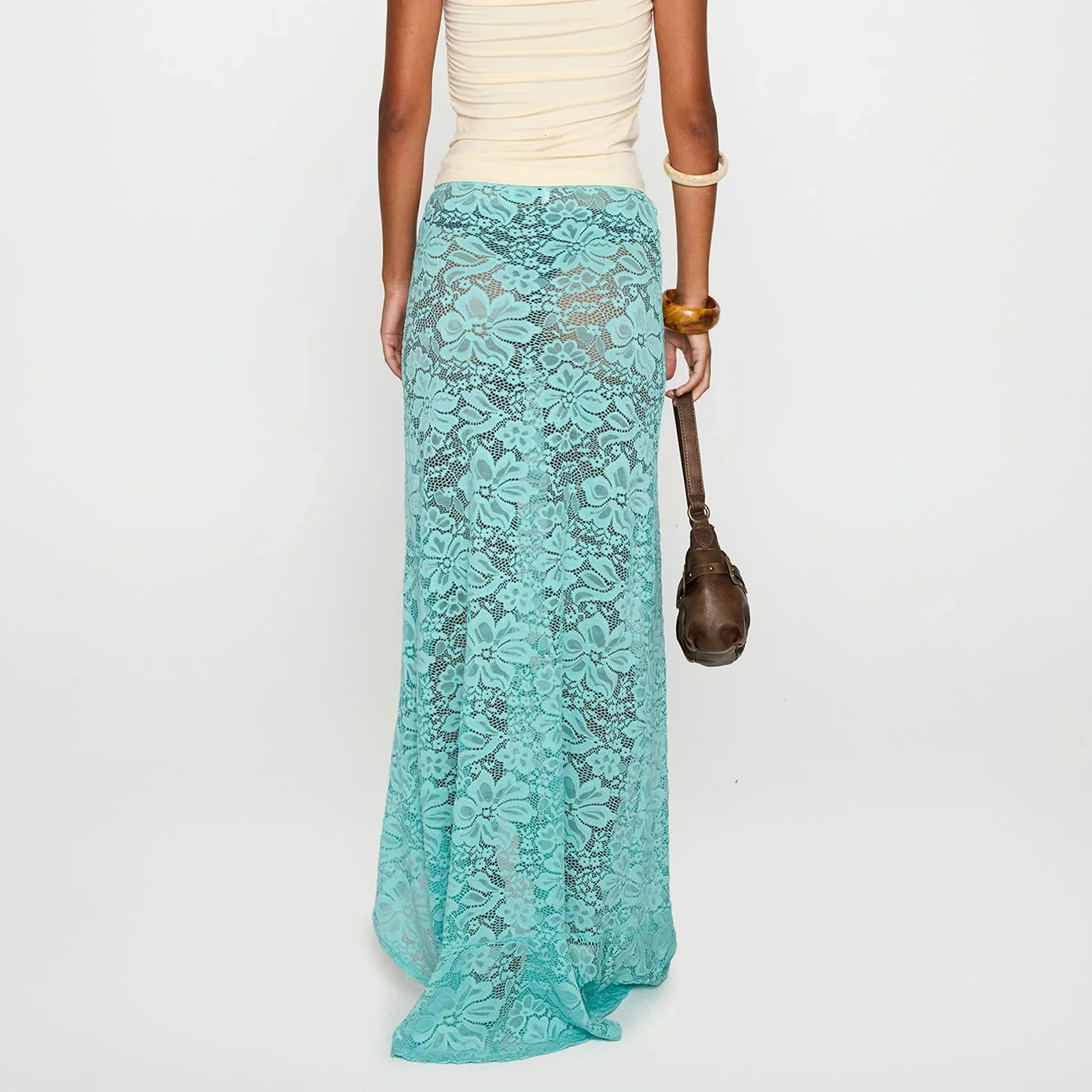 hirigin Womens Fashion Long Skirts Sheer Lace High Waist Skirts Summer Y2K Vintage Irregular Ruffles Bodycon Skirts 250603