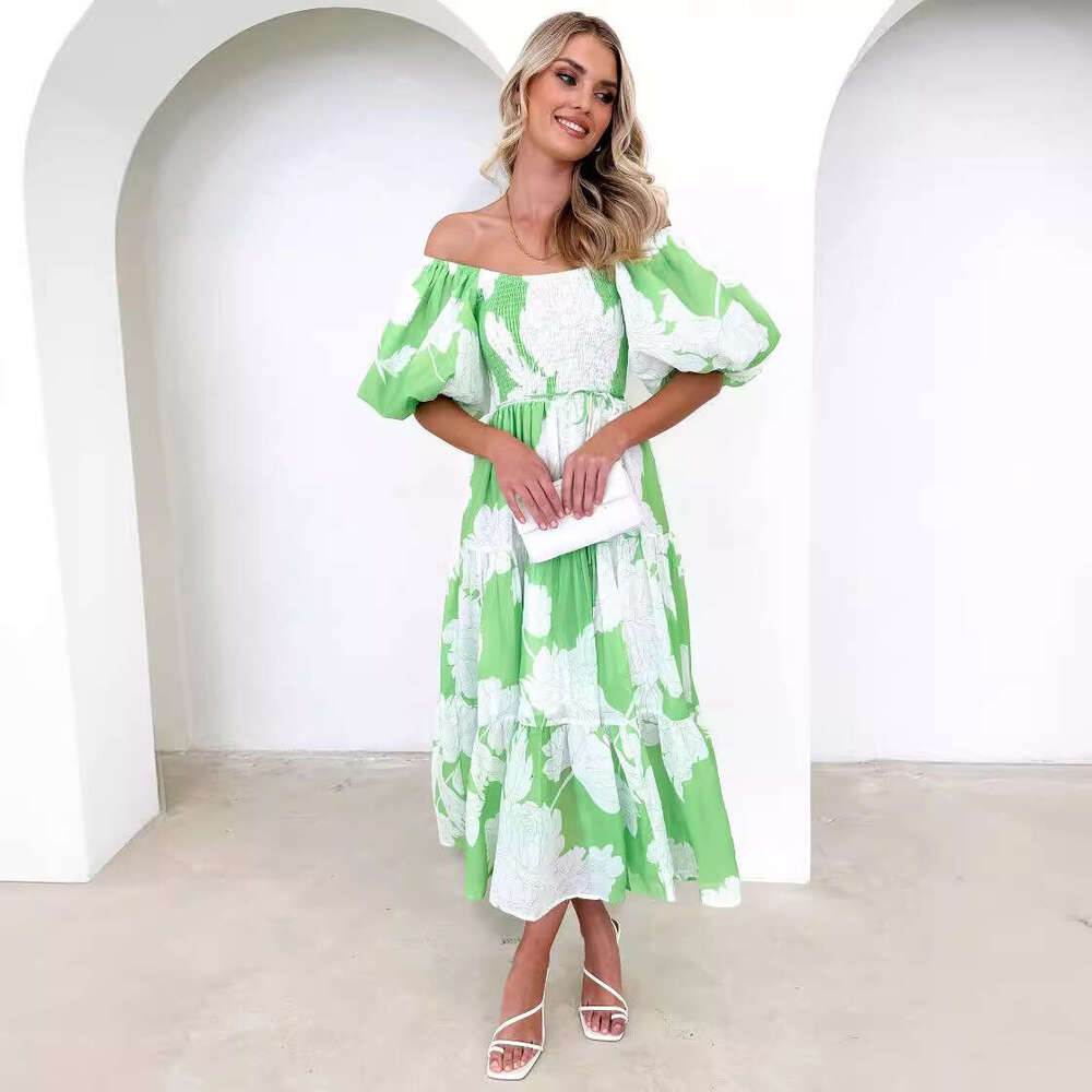 Spring/Summer Elegant Floral Off-Shoulder Puff Sleeve Fashion Dress B5