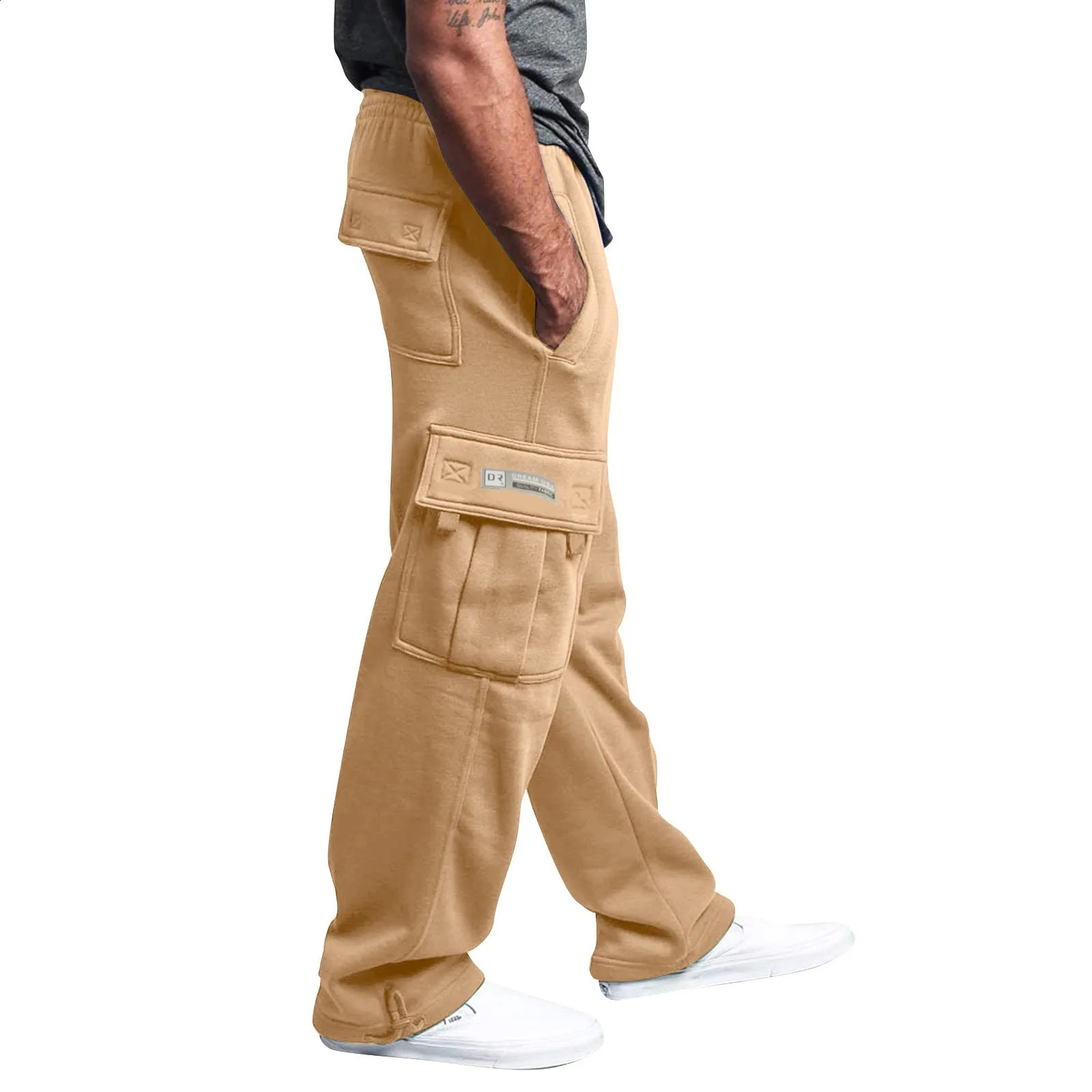 Mens Cargo Pants Rope Loosening Waist Solid Color Pocket Trousers Comfortable Loose Sports Trousers Casual Wide Leg Pants 250528