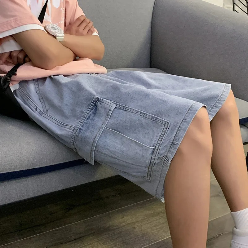 Summer Retro Blue Cargo Port Loose Big Pocket Thin Fashion Washed Five Point Casual High Waist Shorts Denim 250529Z