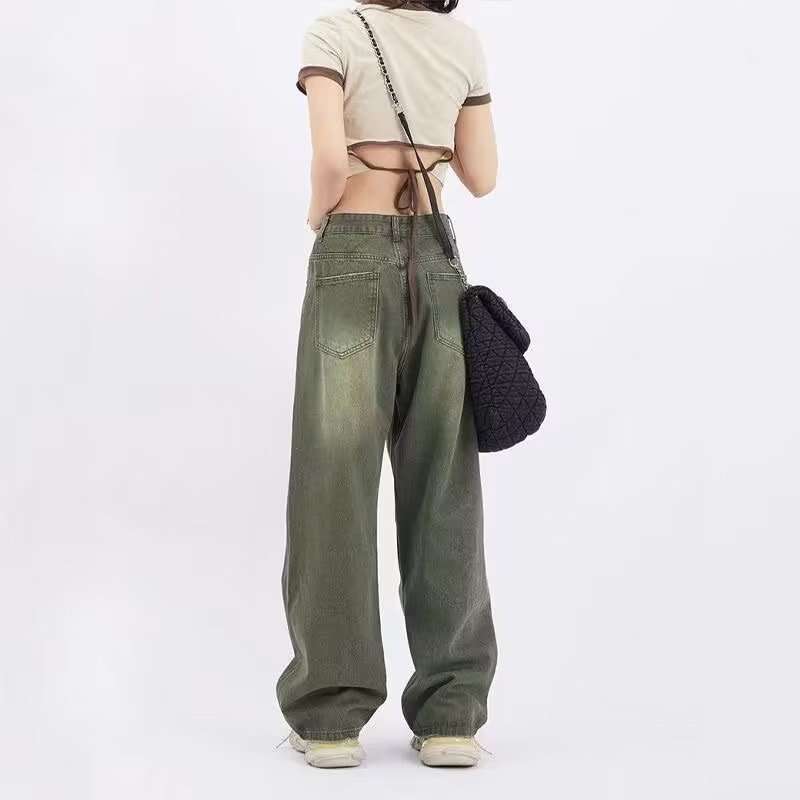 American Style Green Jeans For Women, Autumn Winter Vibe, Straight High Waist, Slimming, Loose Wide Leg, Floor-Length Pants, Trendy B5