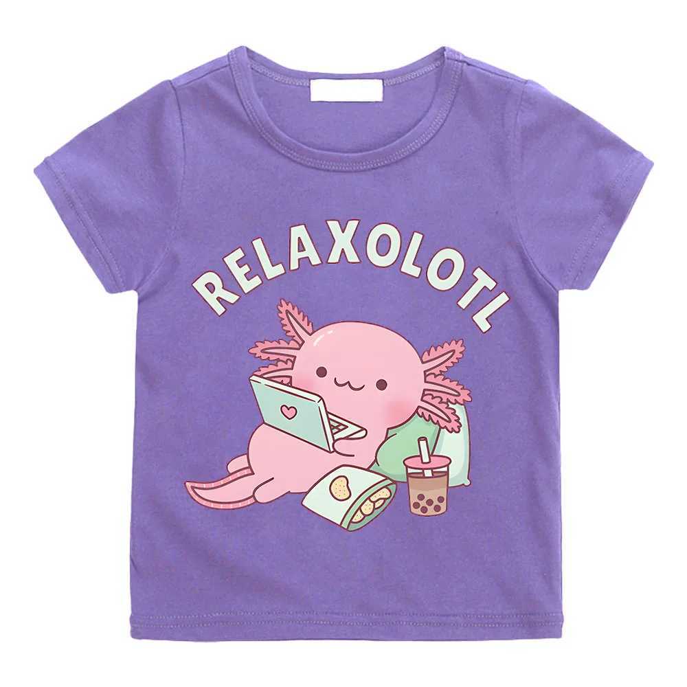 Cute Relax A Lot Axolotl Kids T-shirt Cartoon Funny Pun Graphic Clothes for Boys/Girls Cotton Short Sleeve Kids Summer Tops Tees T250603