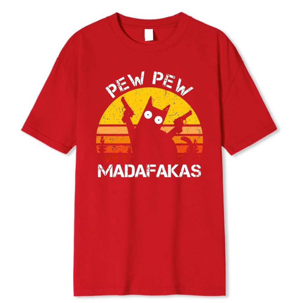 Pew Madafakas Cat With Two Guns Printing Men T Shirts Summer Cotton T-Shirts Breathable Loose Clothes Hip Hop Street TeesC250603