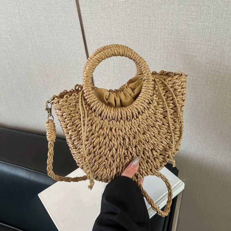 Orange Str Bag Women Rattan Hand-Woven Handbag Small Half Moon Design Shoulder Crossbody Bag Lady Fashion Beach Bag Y250603