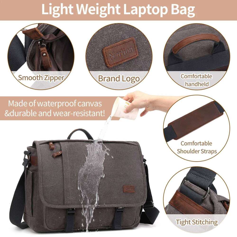 Waterproof Canvas For Men, Messenger Bag ,Shoulder Casual Computer Business Bag, Crazy Horse Cowhide