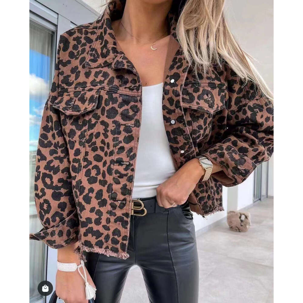 Trendy Washed Vintage Leopard Print Frayed Denim Jacket For Women B5