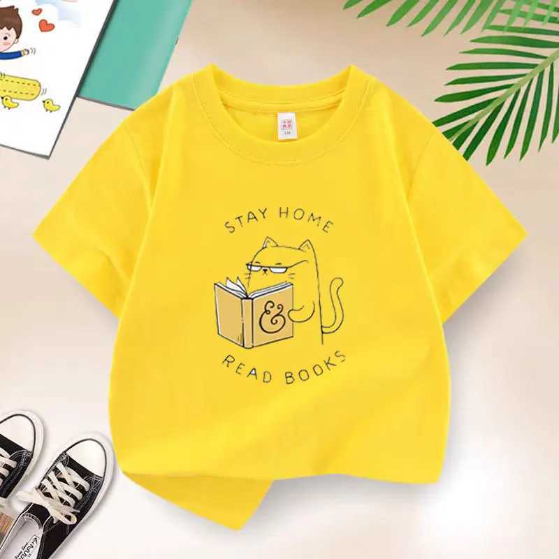 Cat Reading T-shirt for Girls Cotton Kids T Shirt Cartoons Children Casual Clothes Teen Baby Girl Summer Y2K Tops 6 8 10 12 Years T250603