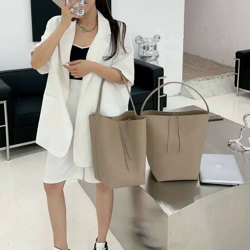 Simple Minimalist-Style Grey Black Bucket Tote 4 Sizes No Genuine Cow Leather Women Handbag Armpit Shoulder Bag