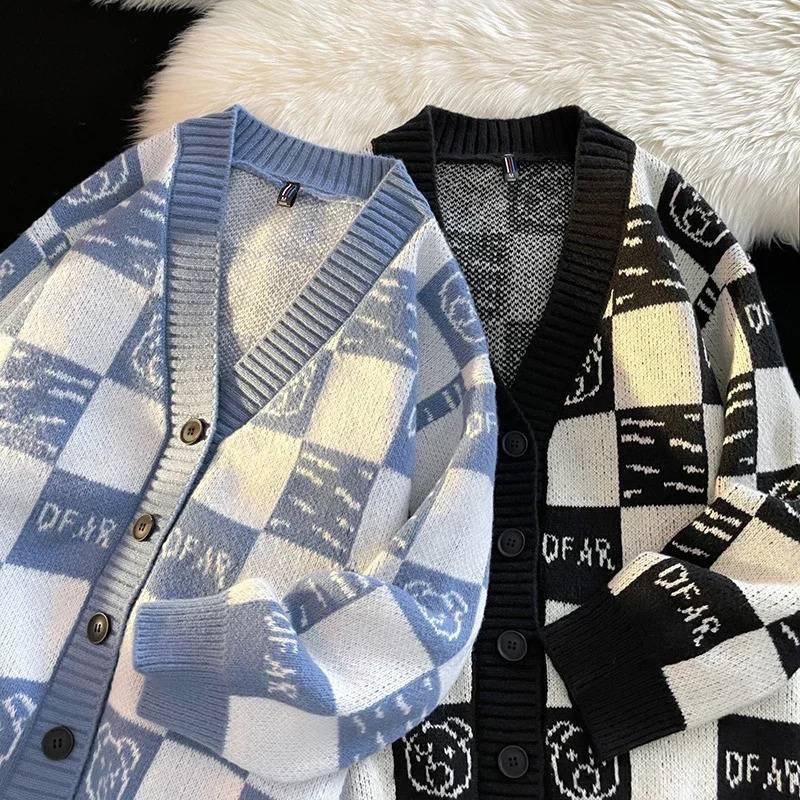 Mens Autumn Vneck Knitted Cardigan Plaid Cartoon Print Sweater Coat Men Comfortable Loose Casual 250528