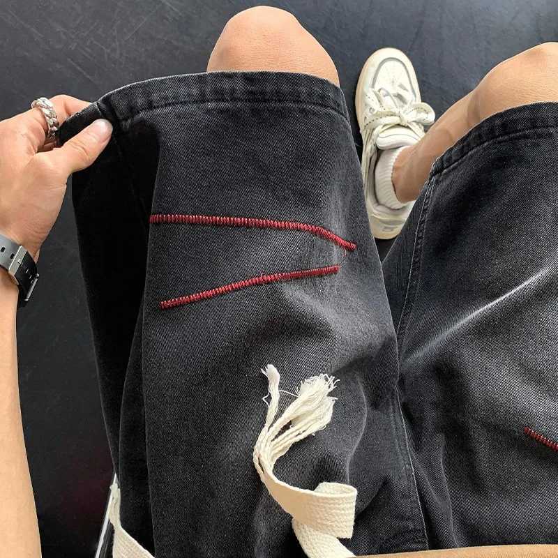 2025 Summer Mens Washed Embroidered Straight-leg Denim Shorts Y2K Vintage Drawstring Baggy Jorts High Street Fashion Short Jeans T250603