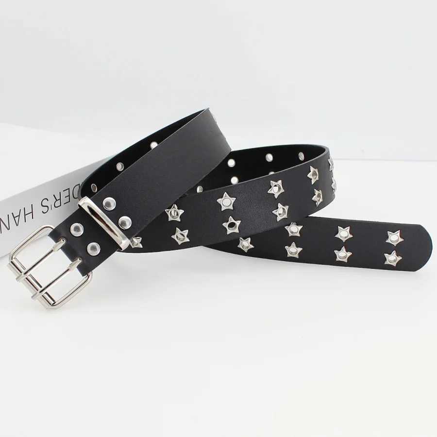 Y2K Punk Rivet Leather Belts for Women and Men Star PU Black White Waist Strap Double Row Hollow Trendy Waistband Jeans Skirt Decoration XJ250602