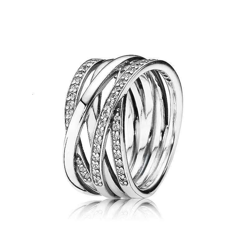 Pan's White Copper Silver-Plated S Three-Ring Stacking High-End Heart-Shaped Diamond-Inlaid Couple Rings Trendy Style Ring