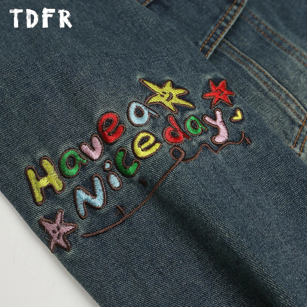 Retro Spliced Denim Jacket Mens Little Bear Embroidery Washed Distressed Streetwear Lapel Single Breasted Long Sleeve Outerwear 250529