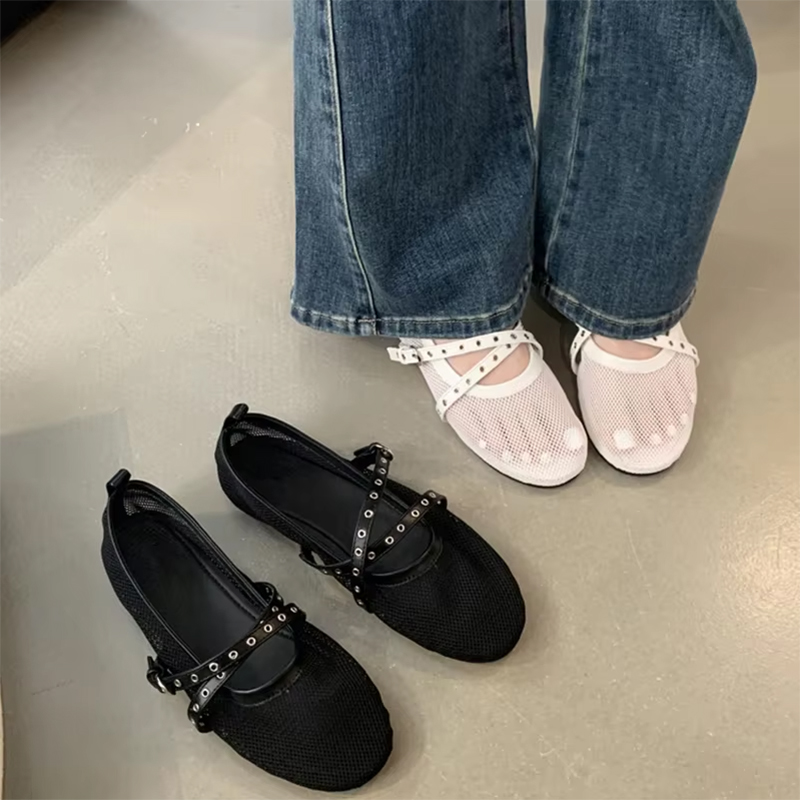 Mesh Leather Designer Flat Shoes Women Hollow Ballet Flats Comfort Soft Soled Dance Shoe Summer Casual Mary Jane Sandals Loafers Black White Dress Sho