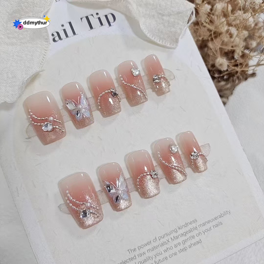 Wearable Nails 10 Pieces S200 Pearl Curtain Dream Short Ladder Butterfly Crushed Dia Glitter Chain Brightening Temperament Nail Art Finished Products 