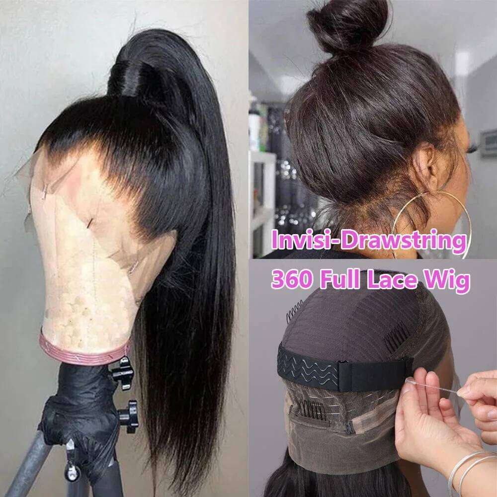 Hidden Strap Straight 360 Front Wigs Human Hair Pre Plucked 12A Glueless Brazilian Virgin Wig With Drawstring HD Full Lace