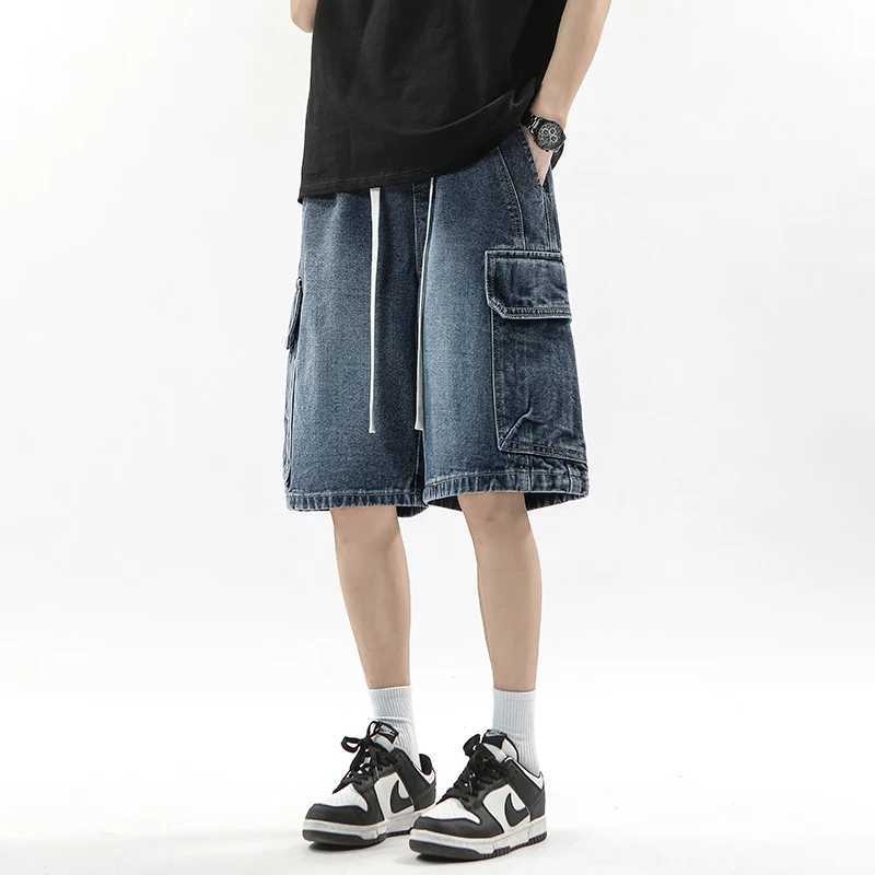 Summer Workwear Denim Shorts Street Mens Loose Straight Shorts Stretch Waist Casual Jogging Outdoor Five-Cubic Pants T250603