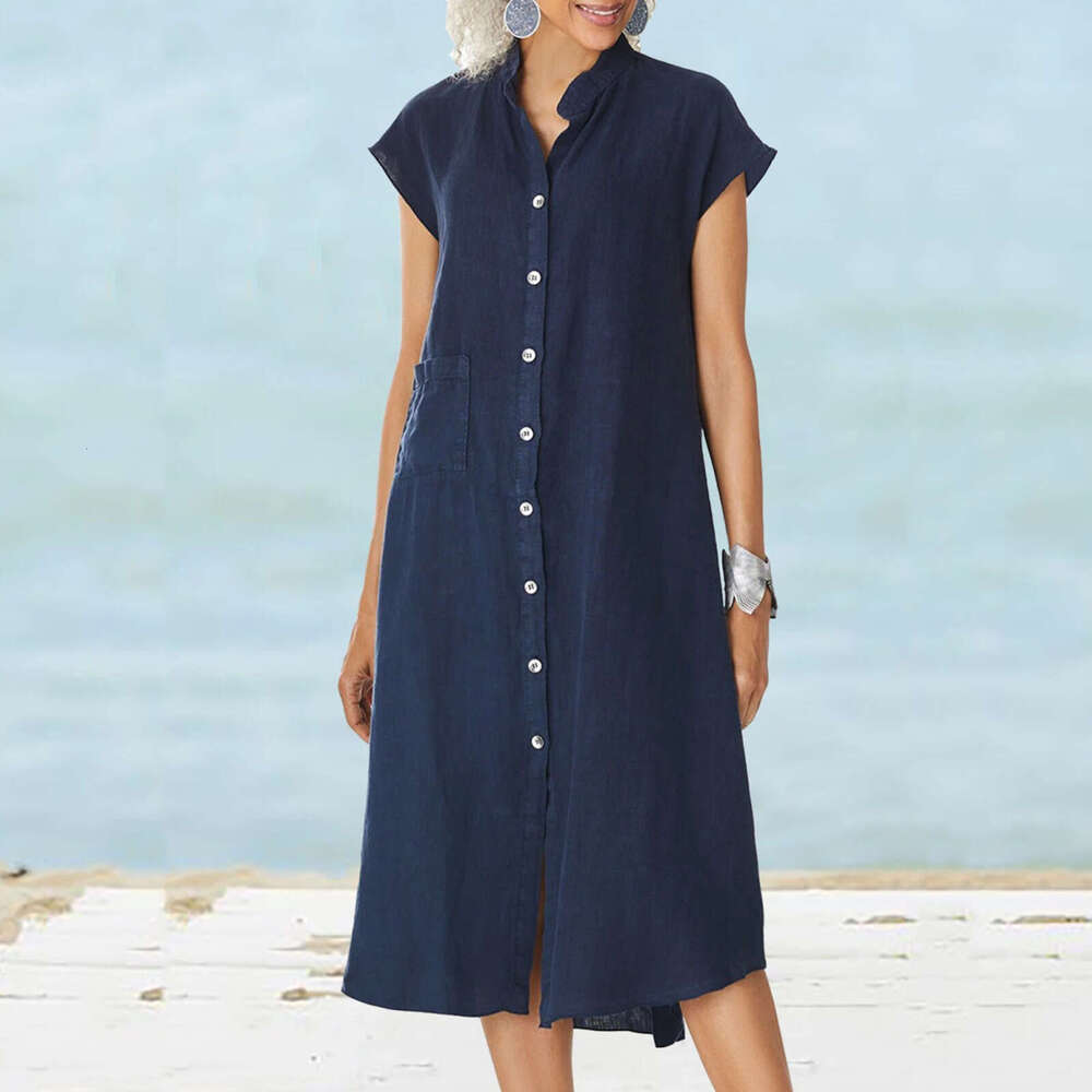 New Cardigan Stand Collar Single-Breasted Cotton Linen Pocket Plus Size Dress Slip B5