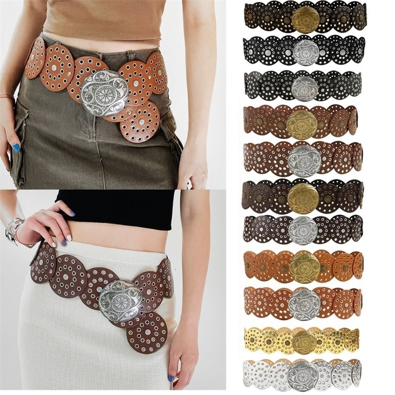 Round Hollow Belt Vintage PU Disc Wide Belts Metal Buckle Cowboy Western Style Exaggerated For Women Adjustable 250603