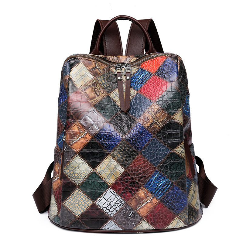 Free Shipping Colorful Backpack Versatile Trendy Designer Bag Outdoors Quilted Travel Backpack Patchwork Cowhide Trendy Snake Skin Pattern Women'