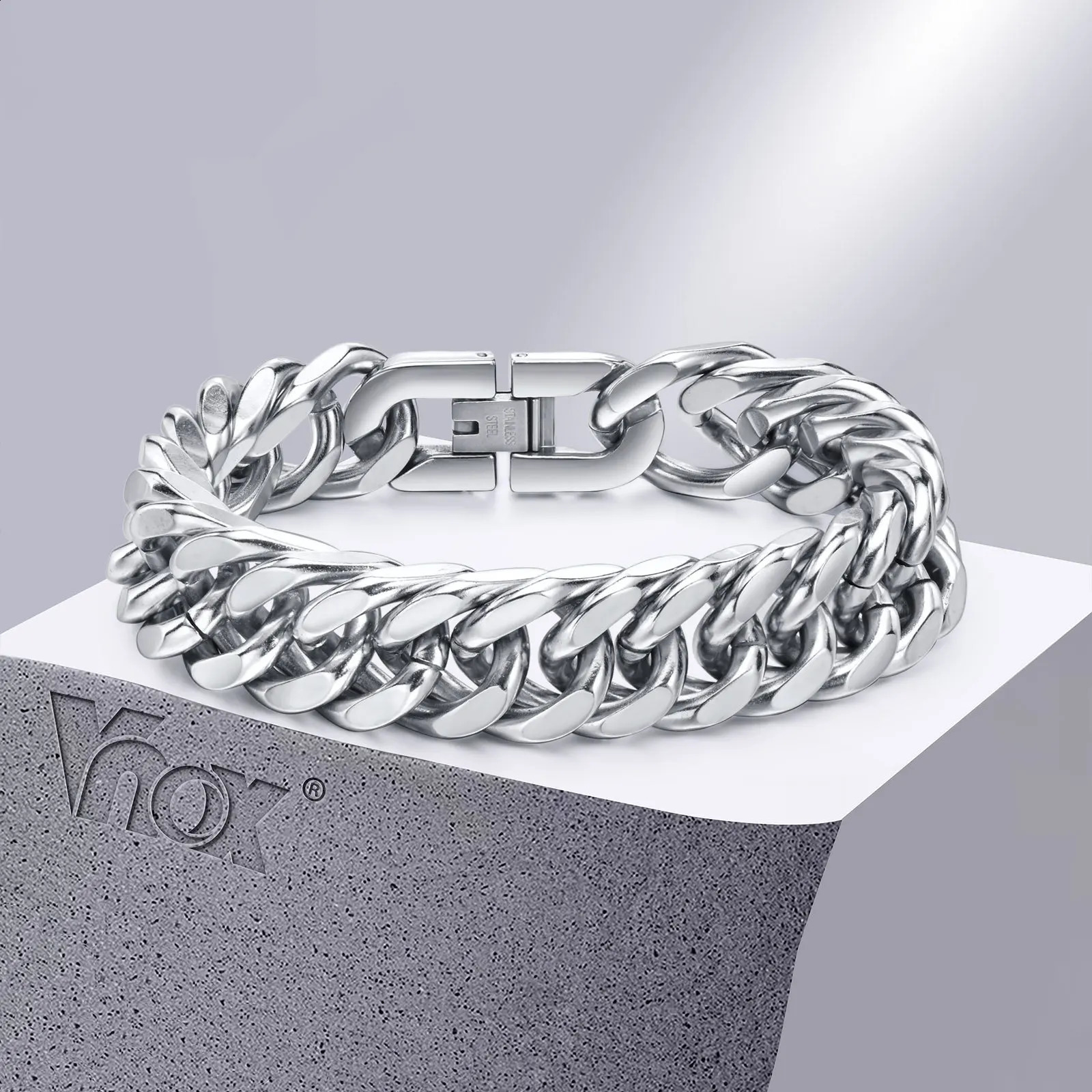 Vnox 10/12/15MM Width Stainless Steel Cuban Chain Bracelets for Men Silver Color Fashion Hip Hop Male Boy Wristband Dad Gift 250530