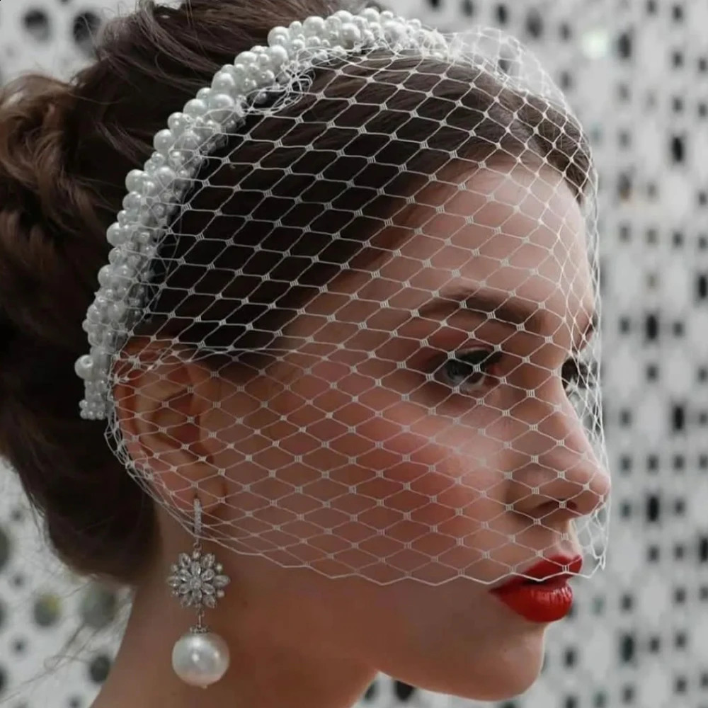 JM26 Tulle Cage Veil with Pearls Wedding Birdcage Veil with Headband Face Cover Bride Headdress Wedding Accessories Mariage 250530