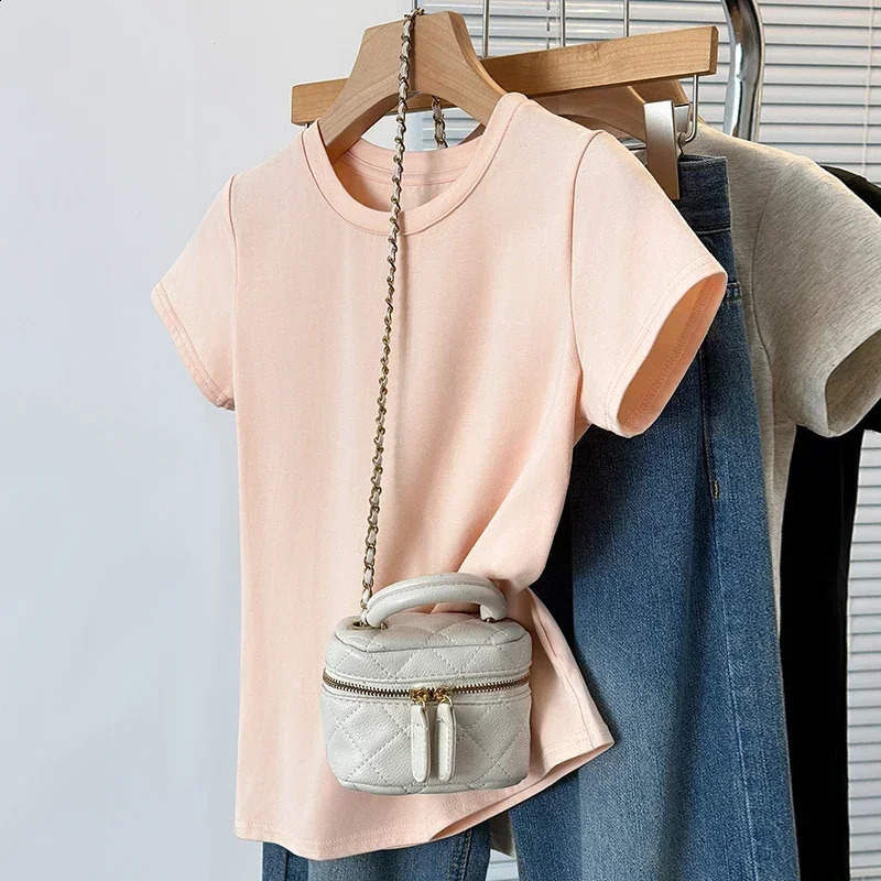 Basic Solid Top Short Sleeve Crewneck Skinny T-shirt Summer Casual Tee For Women Y2k Vintage Top Harajuku Streetwear 250529