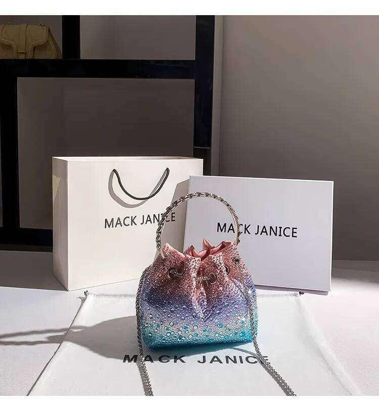 Crystal Shiny Dia Evening Satin Bucket High Quality Women's Handbag Wedding Party Clutch Purse Crossbody Bag